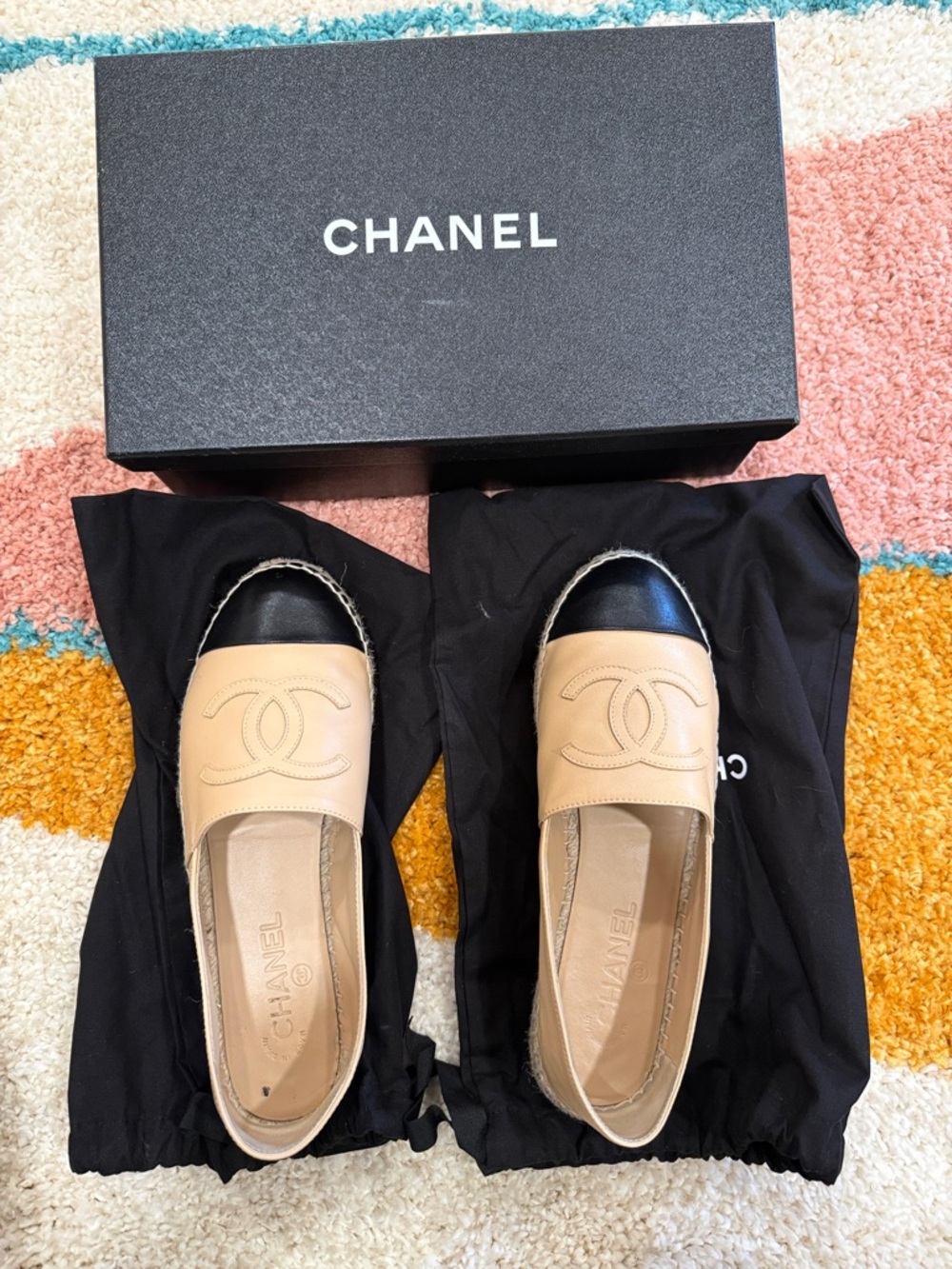 CHANEL Beige Leather Espadrille Flats with Black Cap Toe